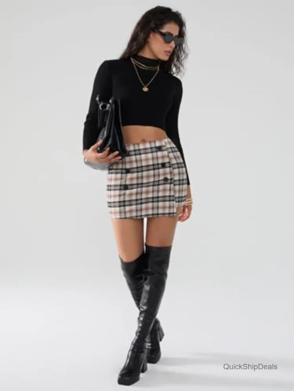 Plaid Bodycon Mini Skirt High Elastic Waist Tweed Button Y2K Fall Winter